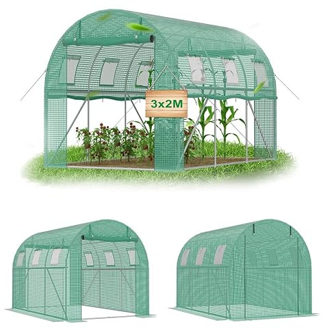VA-Cerulean Gewächshaus Foliengewächshaus 300x200x200 cm Tomatenhaus Folientunnel mit verzinktem Stahlrahmen Winterfest Stabil Treibhaus Gartengewächshaus für Garten & Anzucht Grün