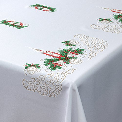 MforStyle Weihnachts-Tischdecke weiß mit Weihnachtskerzen-Motiv in rot, Gold und grün, rechteckig., Polyester, weiß, 57 x 118 (145cm x 300cm)