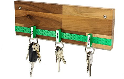 Schlüsselbrett Play 202 Holz | Für die ganze Familie | Schlüsselleiste Nussbaum mit 6 Schlüsselanhängern zum selbst beschriften | inkl. Schrauben und Dübel | grün