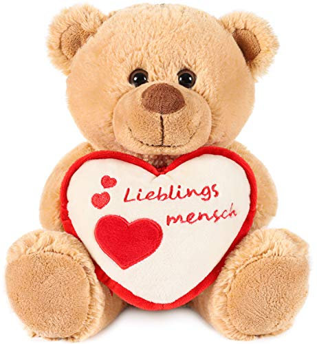 BRUBAKER Teddy Plüschbär mit Herz Rot Beige - Lieblingsmensch - 25 cm - Teddybär Plüschteddy Kuscheltier Schmusetier - Braun Hellbraun