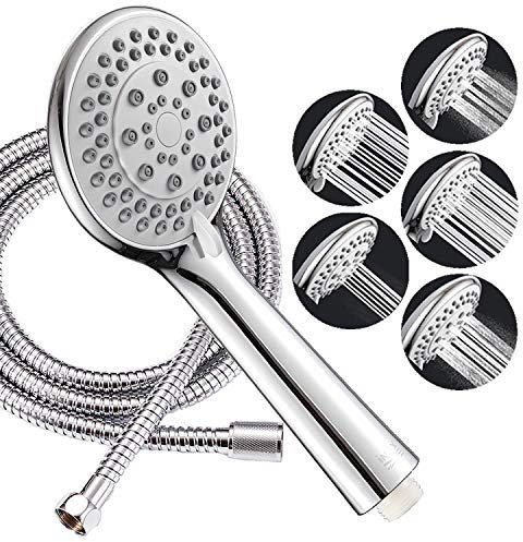 INEX EUROPA Zylindrische Handbrause Wassersparend, 5 Strahlart Duschkopf mit Anti-kalk, Messing Verchromt, mit 175 cm Edelstahlschlauch