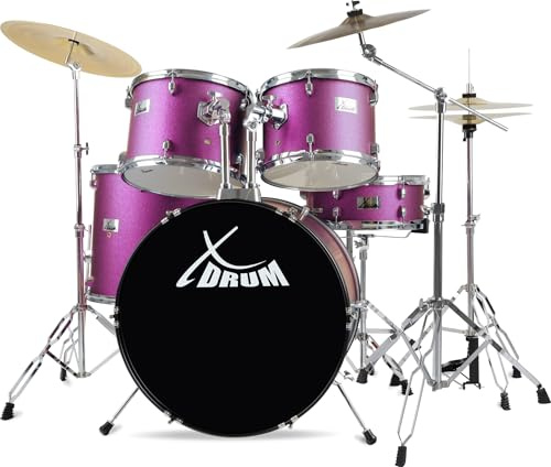 XDrum Semi 22 Standard Schlagzeug Satin Purple Sparkle - 22 BD, 12 TT, 13 TT, 16 FT, 14 SD - Set inkl. 16 Crash Becken und Galgenbeckenständer - Lila
