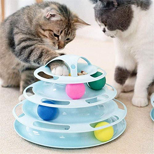 QANAN Interaktives Katzenspielzeug,Katzen Spielturm Spielzeug,Katze Bälle Trackball mit 4 Bällen, für Training & Beschäftigung (Blau)