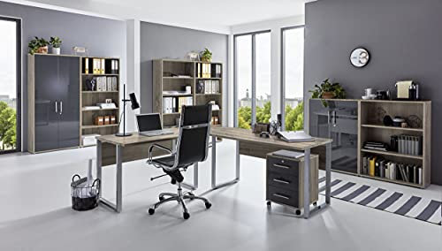 Büromöbel komplett Set Arbeitszimmer Office Edition in Eiche Sonoma/Anthrazit Hochglanz lackiert (Set 7)