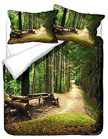 Bettwäsche-Set 3D Dschungel Wald Sonnenlicht Bäume Bettbezug und Kissenbezug Grün Natürliche Landschaft Muster Bettbezug Reißverschluss Junge Mädchen (Stil 2, 135x200 cm + 80x80 cm *1)