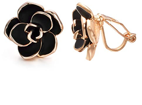Vissen Boucles d'oreilles Clips Femme Noir Fleur rose Plaqué or Clip oreille non percées Pince Bijoux Femmes