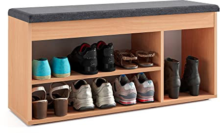 KOMTO Schuhbank mit Sitzfläche - Schuhregal Bank mit Stauraum Buche 100 x 48 x 32 cm Schuhschrank mit Sitzbank Flur Bank Garderobenbank Sofia