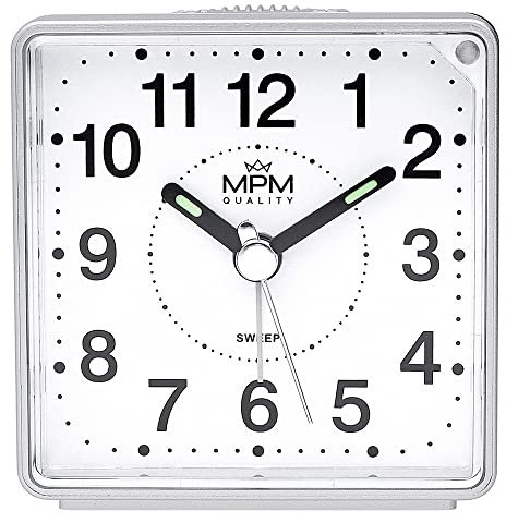 MPM Plastik Wecker, Silber ohne Ticken, Klassisch Wecker analog mit verstärktem Alarm und leuchtenden Zeiger, Ideal auch als Vintage Deko