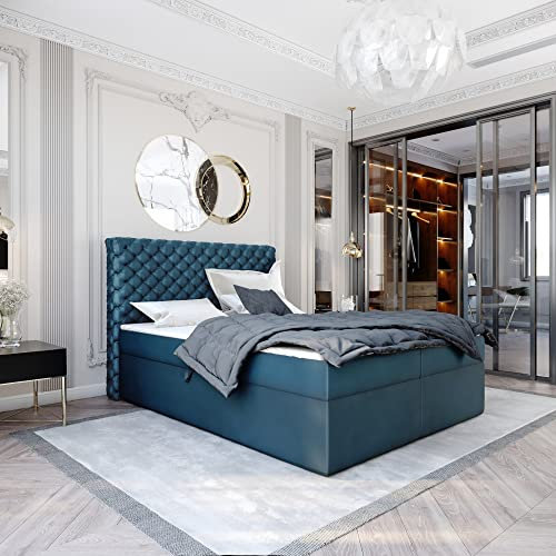 Boxspringbett Doppelbett EXFORD - 180x200cm Bett mit Bonellmatratze, mit Bettkasten für Bettwäsche und Topper. EIN Bett mit einem klassischen Chesterfield-Kopfteil. (Magic 2211, 180x200)