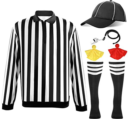 6 Pcs Official Referee Costume Set Long Sleeve Black and White Stripe Referee Zipper Collar Shirt Official Referee Hat Stainless Whistle with Lanyard Yellow Red Penalty Flag Striped Socks (Large)