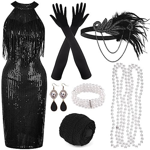 PLULON 1920er Pailletten-Perlen-Fransenkleid mit Roaring 20s Accessoires-Set V-Ausschnitt Gatsby-Kleid mit Federkopfbedeckung Handschuhe Halskette Goldohrringe für Frauen