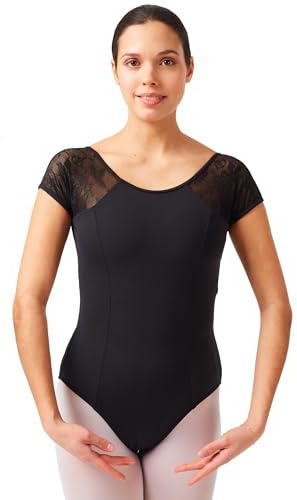 tanzmuster Ballett Trikot Damen Kurzarm - Maike - BH-Pad-Einschub - geblümte Spitze - schwarz 38 - schwarzer Tanz Body - Ballettkleidung für Erwachsene