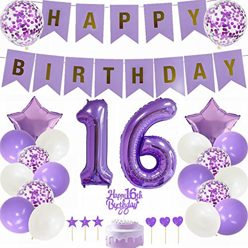 Yunchu Online 16. Geburtstag Dekoration Mädchen Lila - Tortendeko, White Party Deko, Geschenk für 16 Jahre - Ballon Set für Junge und Mädchen