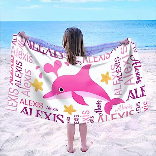 SearchI Personalisiertes Strandtuch mit Individuellem Namen 76X152cm,Schnell Trocknendes Mikrofaser Strandtuch Bequem und Weich Badehandtuch für Strand, Reise, Sauna(Rosa Delphin)