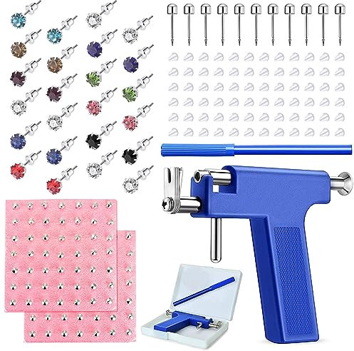 Longbeauty 224pcs Ohr Piercing Pistole Kit Edelstahl Körper Piercing Werkzeuge Studs Ohrringe Nase Lippe Nabel Piercing Maschine für Home Salon Piercing Nadeln, Blau