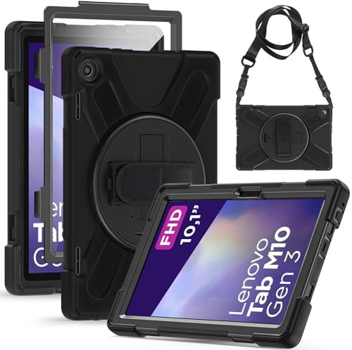 Gerutek Funda Anticaída para Lenovo Tab M10 HD 3ª Gen 2022 10,1, TB-328FU/328XU, con Protector Pantalla, Carcasa Rugosa con Soporte Giratorio, Correa de Mano/Hombro, Funda para Tab M10 HD 3ª, Negro