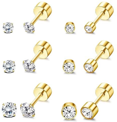 Kakonia Titanium Earrings for Sensitive Ears G23 Pure Titanium Stud Earrings for Women Hypoallergenic Cartilage Earrings 20G 2/3/4mm Cubic Zirconia Flat Back Earrings Gold