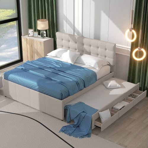Tcewhhy Doppelbett 140x200 cm Polsterbett Ausziehbares Bett Ehebett Mit DREI Schubladen Bett Mit Stauraum Verstellbares Kopfteil Jugendbett Gästebett Für Schlafzimmer Gästezimmer Familienbett Beige