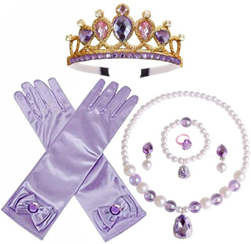Prinzessin Rapunzel Verkleidungszubehör Rapunzel Krone Halskette Handschuhe Ring Ohrringe Cosplay Verkleidungszubehör für Mädchen (lila2)