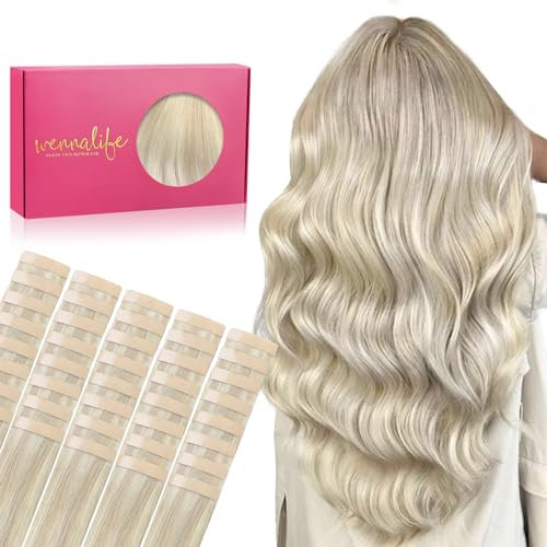 WENNALIFE Tape Extensions Echthaar, 40pcs 100g 40cm 16 Zoll Aschblond Highlights Platinblond Haarverlängerung Echthaar Extensions Tape Invisible Tape in Extensions Echthaar Seidig Hair Extensions