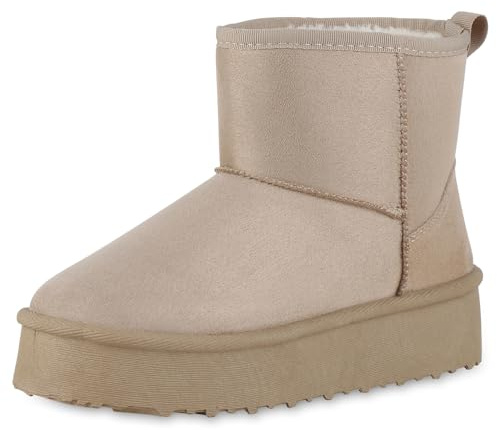 VAN HILL Damen Winter Boots Plateau Profilsohle Bequem Schuhe 214318 Beige 41