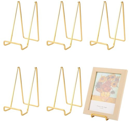FWEEK 6 Stück Tellerständer Metall, 14 cm Staffelei Aufsteller, Eisen Staffelei Bilderständer Dekorative Ständer für Foto, Kunst, Teller, Bücher und Bilderrahmen, Gold