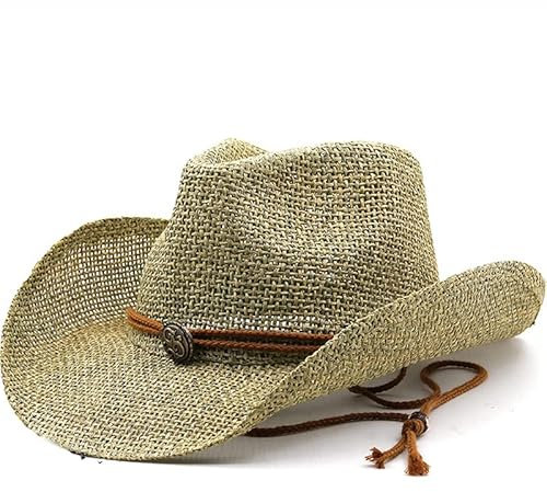 Men West Straw Cowboy Hat, Vintage Style Unisex Straw Cowgirl Beach Hat Sun Hats Breathable Top Hat with Wide Shapable Brim Khaki
