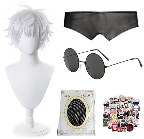 JinYu Juju. Kais Cosplay Perücke Goj. Sator Kostüm Perücke mit schwarzer Brille Schwarze Augenmaske Aufkleber für Cosplay Show
