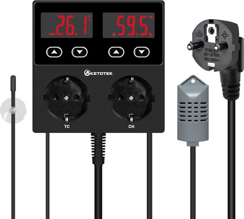 KETOTEK Thermostat Hygrostat Steckdose Digital, Temperaturregler Feuchtigkeitregler Steckdose mit 2 Fühler 230V, Temperatur Feuchtigkeit Regler für Gewächshaus Pilz Terrarium