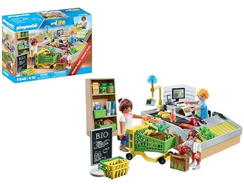 Playmobil 71648 Supermarché de Produits Bio - MyLife Promo Pack - Comprenant Une Caisse avec Un Tapis Roulant, Un Chariot de Courses et Trois Personnages - Dès 4 Ans