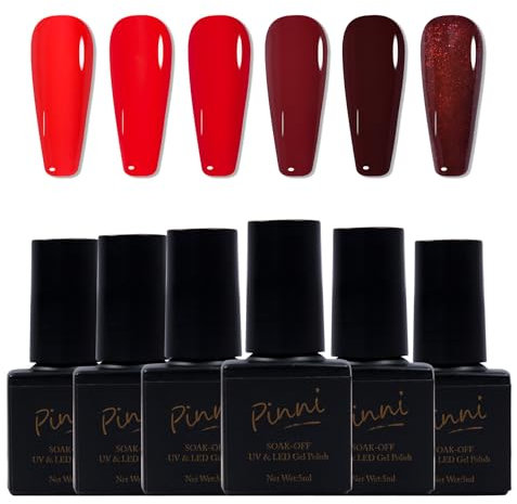 Gel Nail Polish Set, 6 Colors Bright Red Burgundy Dark Glitter Red Soak-Off UV/LED Nail Polish Gel for Home Salon DIY Nail Art, 5ML