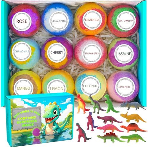 12 Packung Badebomben für Kinder mit Überraschungsspielzeug im Inneren, Bio-Dinosaurier-Badebomben-Geschenkset, lustiges Lernspielzeug Dino Fizzy Balls w/Rich Bubbles, Kinder Bubble Bath Dino Egg für