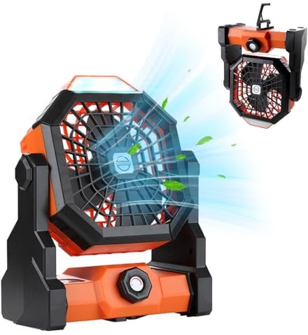 Camping Fan with LED Light, Rechargeable Outdoor Battery Operated Tent Fan, Adjustable Speeds Camping Table Desk Fan, Personal Desk Tent Fan for Outdoor Picnic, Hiking, Office Working, Camping