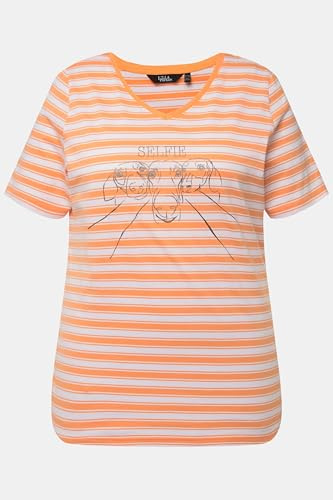 Ulla Popken Damen große Größen Übergrößen Plus Size T-Shirt, Ringel, Metallic-Tiermotiv, V-Ausschnitt, Halbarm apricot 46+ 831845648-46+