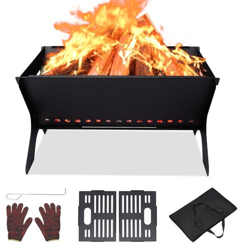 GFTIME Premium 3-in-1 Focolare da Esterno & Barbecue da Campeggio, Barbecue a Carbone Pieghevole Portatile (46 x 32 cm) per Cucina all'Aperto, Falò, Terrazza, Giardino con Borsa e Guanti