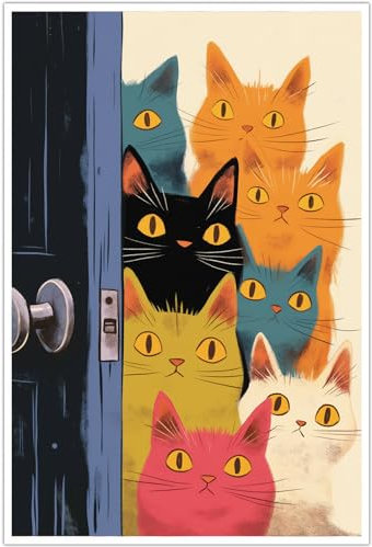 Bunte Katzen-Wandkunst, abstraktes modernes Leinwandbild für Badezimmer, niedliches Cartoon-Tier-Poster, lustig, Vintage-Retro-Ästhetik, 40,6 x 61 cm, ohne Rahmen