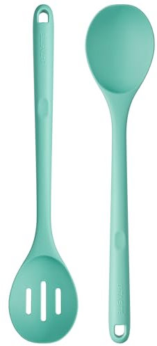 U-Taste 33.9 cm Extra Long Silicone Spoons: 315℃ Heat Resistant Food Grade Solid & Slotted Cooking Spoons, Nonstick Seamless Kitchen Utensil for Serving Mixing Stirring Draining (Aqua Sky, 2pcs)