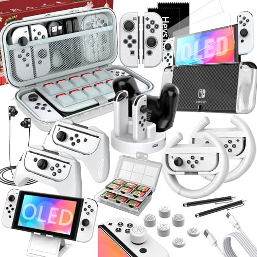 HSTOP Accessoires Switch OLED 27 en 1 Compatibles avec Nintendo Switch OLED Pochette Transport Kit, Étui Cadeau de Noël Switch OLED pour Console Switch OLED avec Coque de Protection,JoyCon Grip-Blanc