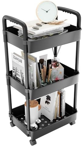 Bonison 3-tier Storage Trolley On Wheels - Plastic Kitchen Storage Cart, Rolling Storage Rack Organiser for Kitchen Bathroom Laundry and Office Metal Poles Black