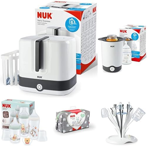 Bundle of NUK Vario Express Bottle Steriliser + NUK Thermo Express Baby Bottle Warmer+ NUK Multi Purpose Baby Bottle Drying Rack+ NUK Baby Care Welcome Set + NUK Perfect Match Baby Bottles Set