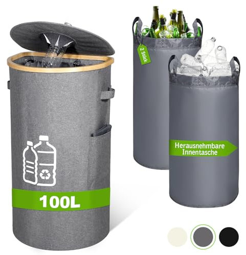 Botellas de depósito con tapa de 100 l, para depósito de botellas de empeño, recipiente con 2 bolsillos interiores extraíbles, plegable, para cocina, color gris