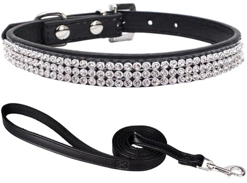 Suiecuor Hundehalsband mit Leine hundehalsband Strass hundehalsband kleine Hunde lederhalsband Hund für kleine mittlere und große Hunde Schwarz XS
