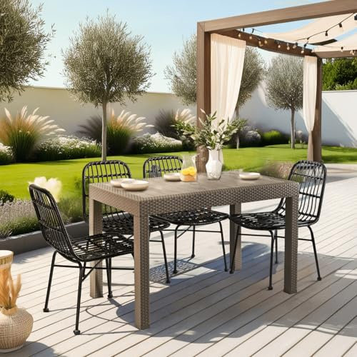 MEBEL ELITE Gartentisch mit Schirmloch 119,5 x 69 cm – Balkontisch Rattan mit Holzstruktur-Platte – Terrassentisch Wetterfest mit stabilem Kunststoffgestell – Balkon Tisch Outdoor in Braun