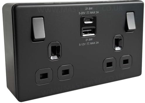 Matt Black Screwless 22W USB Double Socket & 32mm Black Surface Pattress Back Box