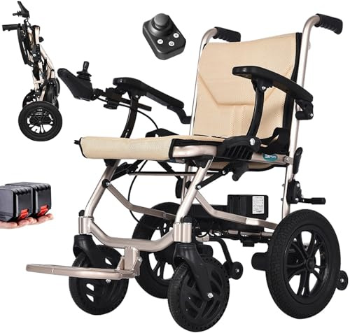 AMITD Lightweight Folding Electric Wheelchair, 20 km Range 120 kg Capacity 15 kg Aluminium Frame 3 s Foldable, Dual Control, Two Removable Li-ion Batteries, Power Chair for Elderly, Adults