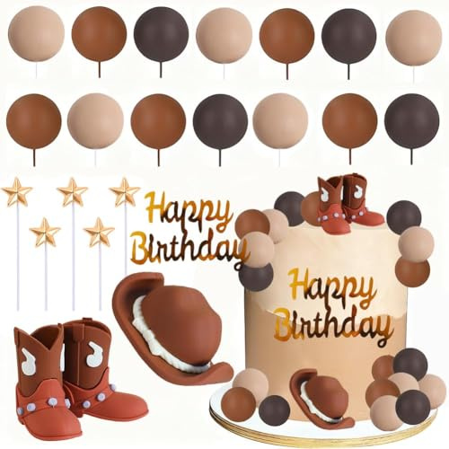 Brown Cowboy Cake Toppers Set Western Birthday Cake Decorations with Cowboy Boot, Hat, Stars & Cake Balls Wild West Party Supplies for Boys Girls