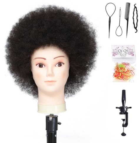 Davinona Training Head African American with 100% Human Hair Mannequin Head Cosmetology Afro Hair Manikin Head for Practice Styling Braiding with Free Clamp+Braid Sets (Natural)