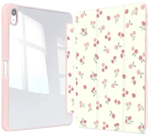 Vozehui iPad Case 11/10.9 Inch (A16)11/10th Gen/10.2 Inch 9th/8th/7th Gen/9.7 In.5th/6th/Air 11 In.M3/M2 w/Clear Back Shell w/Pencil Holder,Tri-fold Stand Cover w/Auto Sleep Wake Pink Flowers
