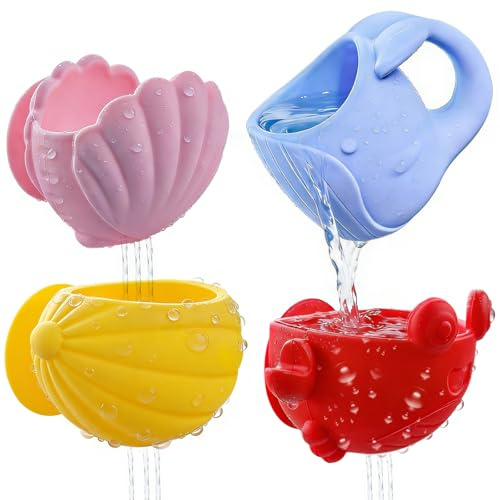 Jouet de Bain, 4 Pièces Silicone Jouet Bain Bébé, Anti-moisissure et Non Toxiques, Jouets d'Éveil Cadeau Bebe 1 an pour Garçons et Filles avec Tasses d'animaux Marins