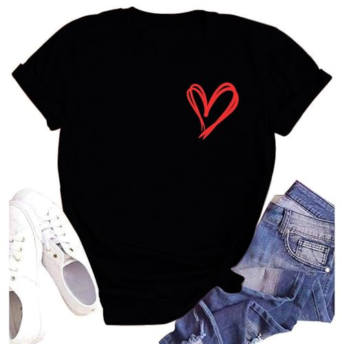 SUWATOIN Womens Valentines Day Shirts Cute Love Heart T-Shirts Funny Teen Girls Valentines Short Sleeve Black